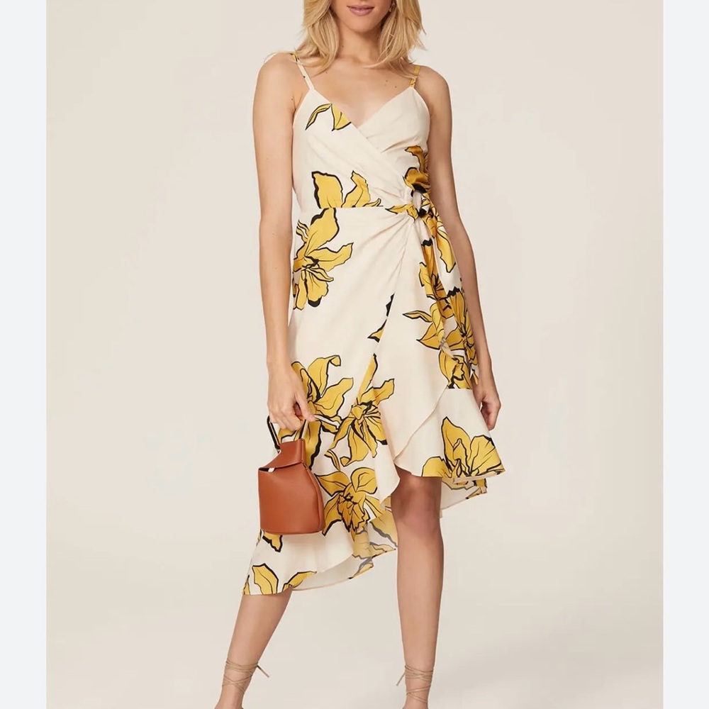 Hutch Cream Floral Midi Wrap Dress with Yellow Blooms